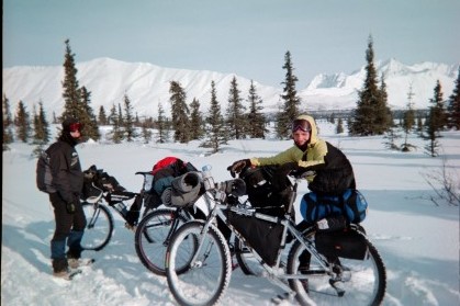 Pat Irwin and I push out of the Rainy Pass Lodge with Pierre Ostor (behind the camera)